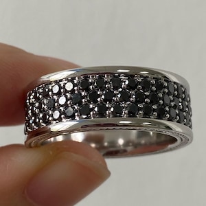 Round Cut Black Mossionait Engagement Band, Three Row Pave Band, Full Eternity Wedding Band, Stackable Band, 14K Solid White Gold Men&#39;s Ring