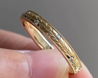 Vintage Art-Deco-Ehering, Blatt inspiriert Verlobungsring, Milgrain Lünette Set Band, 14K Gelbgold Zarte Voll Eternity Filigree Band