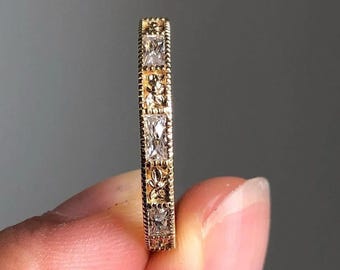Vintage Art Deco Ehering, Milgrain Bezel Set Band, 14K Gelbgold Zarte Voll Eternity Filigree Band, French Cut Verlobungsring