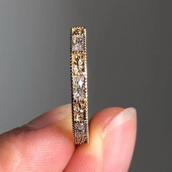 Vintage Art Deco Wedding Band, Milgrain Bezel Set Band, 14K Yellow Gold Delicate Full Eternity Filigree Band, French Cut Engagement Ring