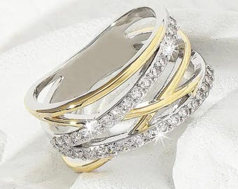 Zweifarbiger Hochzeitsring, Crossover-Verlobungsring, Criss-Cross-Band aus 14K massivem Gold, halbe Eternity-Band, stapelbare Band, Jubiläumsband