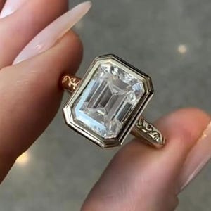 3.5 CT Emerald Cut Colorless Moissanite Engagement Ring, Bezel Set Solitaire Wedding Ring, Vintage Art Deco Ring, 14K Solid Yellow Gold Ring