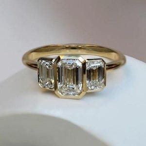 Three Stone Wedding Ring, Emerald Cut Moissanite Engagement Ring, Bezel Set Ring, 14K Solid Yellow Gold Anniversary Ring, Trilogy Ring