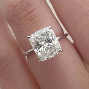 Cushion Cut Solitaire Ring, 2 CT Cushion Cut Colorless Moissanite Engagement Ring, Hidden Halo Wedding Ring, 14K White Gold Unique Ring