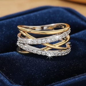 Criss Cross Ring, Round Lab Grown Diamond Engagement Band, Stackable Half Eternity Band, Crossover Wedding Ring In 14K Solid Two Tone Gold