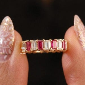 Unique Alternative Diamond Band, Ruby Emerald Cut Engagement Band, 14K Solid Yellow Gold Wedding Ring For her, Half Eternity Stackable Band