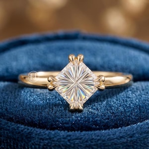 Antique Princess Cut Starbrite Lab Grown Ring, Solitaire Diamond Engagement Ring, 14K Gold Double Prong Promise Ring, Handmade Jewelry Ring
