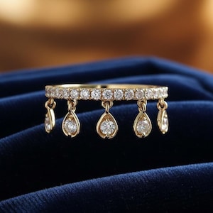 Dangling Diamond 14K Solid Gold Ring, Round Cut Lab grown Diamond Charm Ring, Diamond Dangling Ring, Diamond Stacking Ring