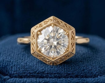 Anillo con engaste hexagonal grabado, anillo de compromiso con diamante redondo cultivado en laboratorio, anillo solitario vintage de oro de 14 quilates, joyería nupcial, anillo de filigrana