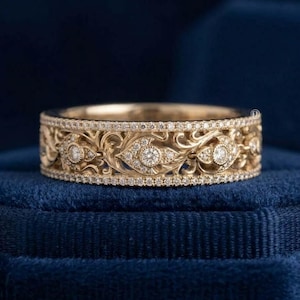 1890's Victorian Style Wedding Band, Edwardian Stackable Band, Round Lab Grown Diamond Vintage Filigree Band, 14K Gold Full Eternity Band