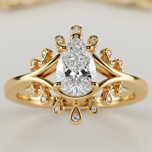 Pear Cut Moissanite Ring, Pear Cut Split Shank Ring, Unique Water Drop Round Cut Engagement Ring, Tassel Floating Diamond Anniversary Ring