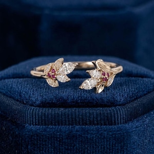 Antique Open Cuff Cluster Band, Marquise Cut Lab Grown Diamond Ring, Adjustable Pink Sapphire Leaf Pattern Ring, 14K Solid Gold Wedding Band