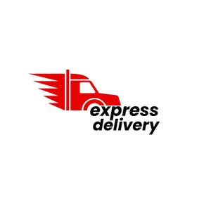 May include: Red graphic of a speeding truck with a stylized flame design on the side. The words "express delivery" are in black, below the truck, on a white background.