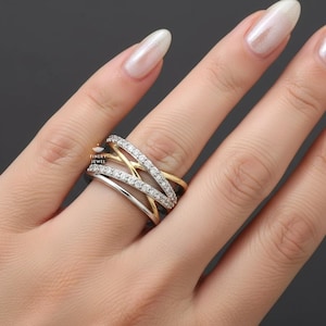 Criss Cross Ring, Round Cut Lab Grown Diamond Engagement Band, Stackable Half Eternity Band, Crossover Wedding Ring In 14K Solid Yellow Gold