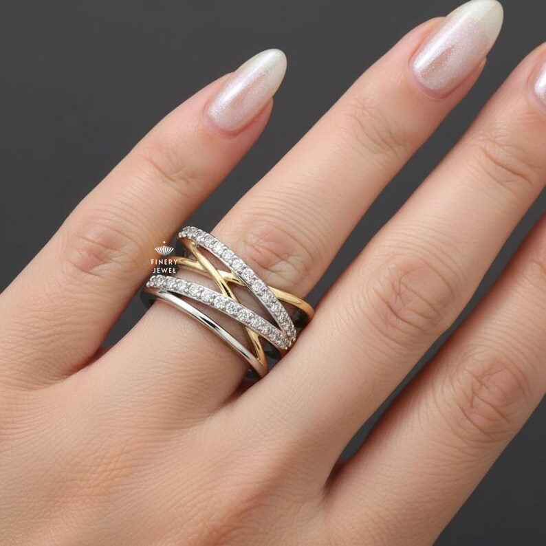 Criss Cross Ring, Round Cut Lab Grown Diamond Engagement Band, Stackable Half Eternity Band, Crossover Wedding Ring In 14K Solid Yellow Gold