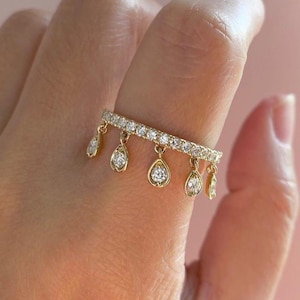 Dangling Diamond Charm Ring, Unique Water Drop Round Cut Colorless Moissanite Engagement Ring, Tassel Floating Diamond Stacking Wedding Ring