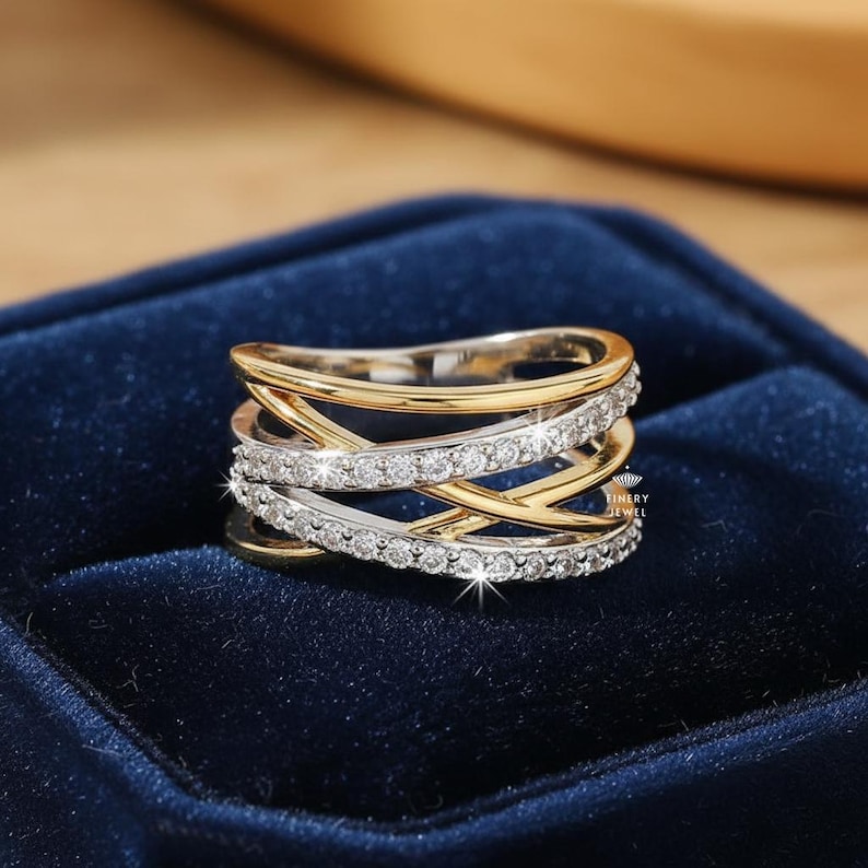 Criss Cross Ring, Round Lab Grown Diamond Engagement Band, Stackable Half Eternity Band, Crossover Wedding Ring In 14K Solid Two Tone Gold