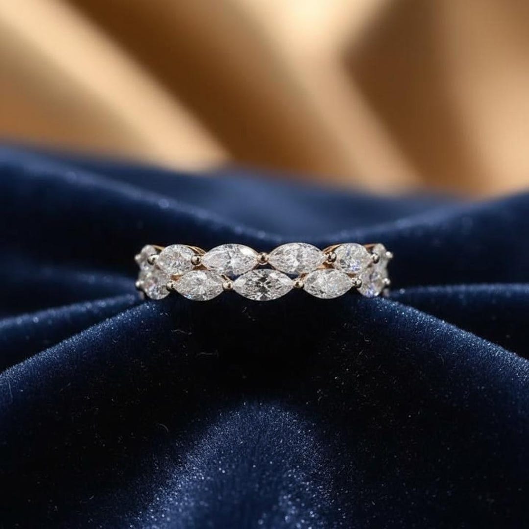 Marquise Cut Lab Grown Diamond Wedding Band, Two Rows Full Eternity ...