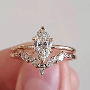 1.00 CT Marquise Cut Colorless Moissanite Engagement Ring, Bridal Set Ring, Solitaire Wedding Ring, 14K Yellow Gold Chevron Matching Band