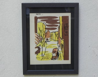 Mid-Century Lithograph by Wylie Newly Framed-Street Scene with Café, Back Fountain & Truck, Brown and Yellow