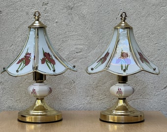 Pair Small Glass & Brass Boudoir Lamps with Purple Iris Design, 1980s