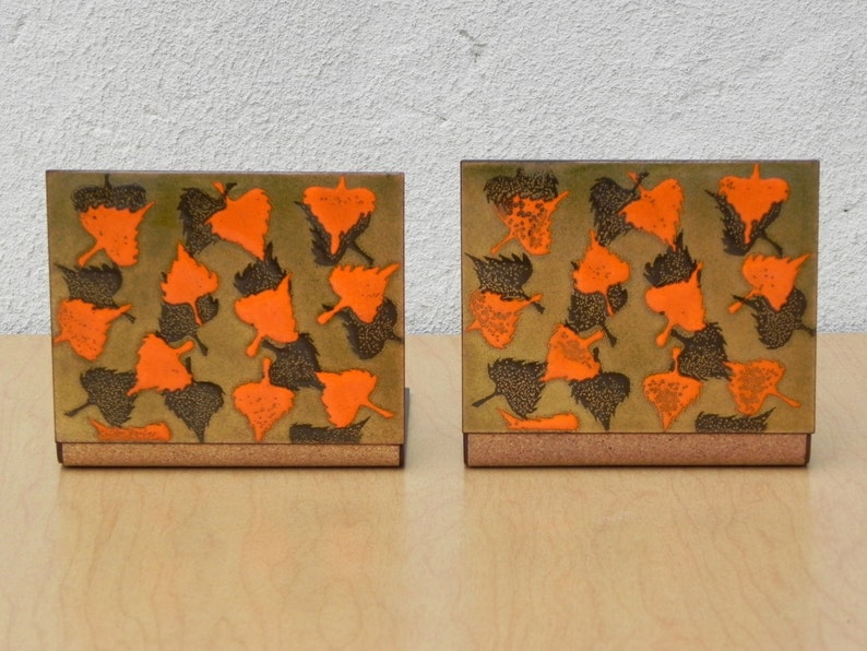 Modern Orange Brown Gold Enameled Copper Bookends image 1