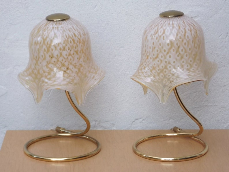 Pair Murano Glass Handkerchief Floral Gold White Dresser Lamps image 1
