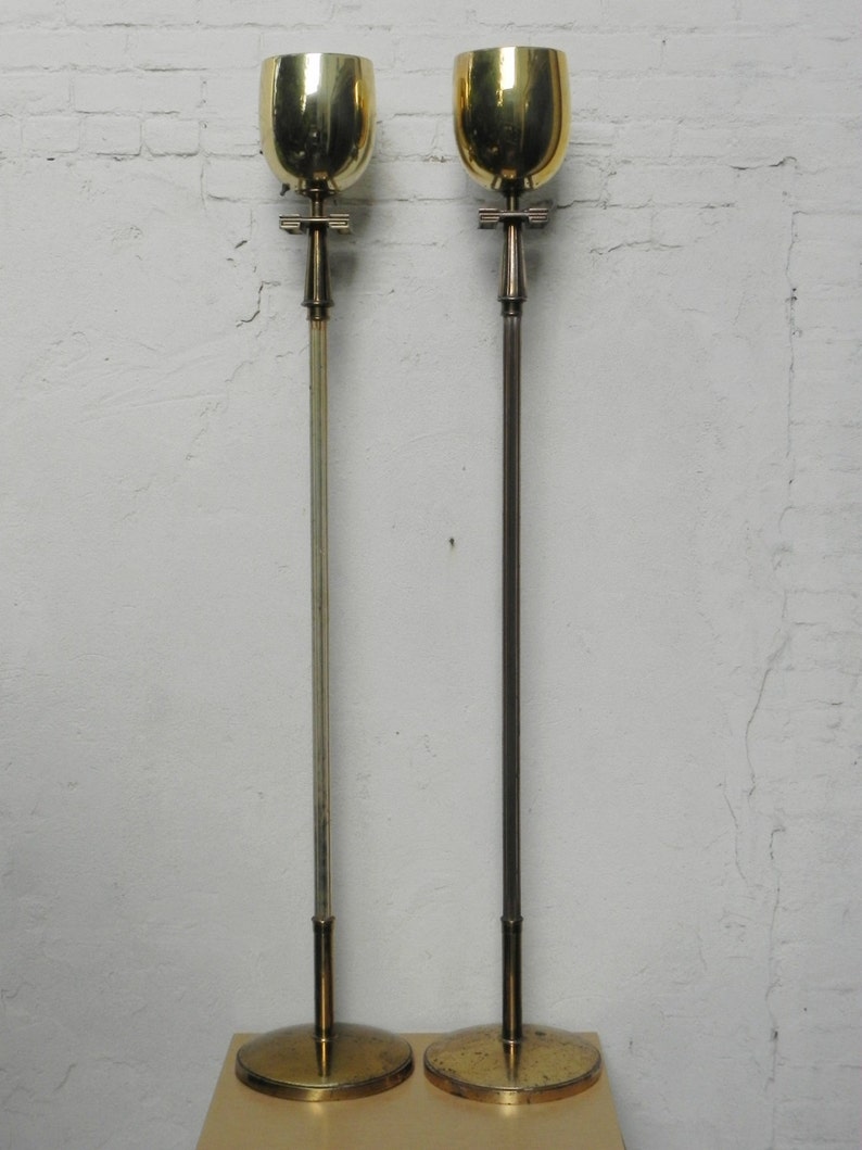 Pair Deco Regency Solid Brass Torchiere Floor Lamps in the style of Tommi Parzinger