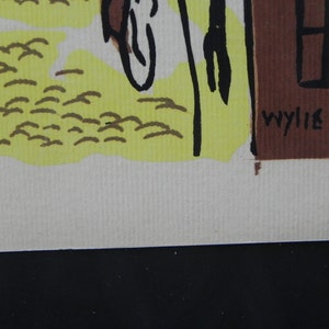 Mid-Century Lithograph by Wylie Newly Framed-Street Scene with Café, Bicycle & Truck, Brown and Yellow image 4