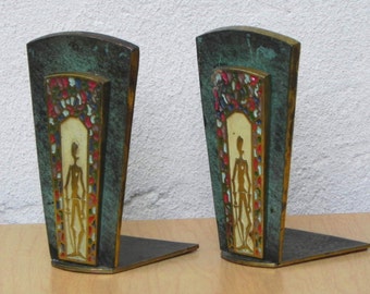 Dayagi Ornate Brass Enameled Judaica Bookends with Sword-Holding Figure