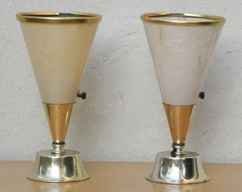 Pair Small Dresser Torchier Lamps in Gold & Fiberglass Shades