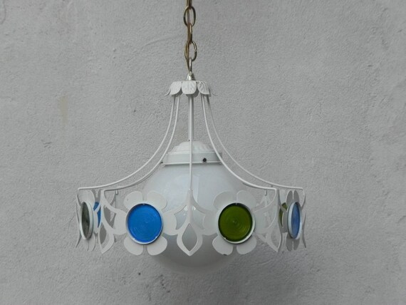 White Metal 1960s Flower Hanging Lamp With Blue And Green White Metal 1960s Flower Hanging Lamp, Metal Flower Hanging Lamp