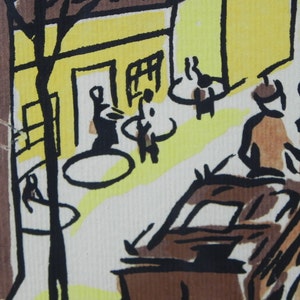 Mid-Century Lithograph by Wylie Newly Framed-Street Scene with Café, Bicycle & Truck, Brown and Yellow image 5