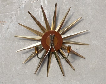 Atomic Brass Teak Starburst Wall Candle Sconce