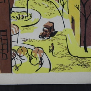 Mid-Century Lithograph by Wylie Newly Framed-Street Scene with Café, Bicycle & Truck, Brown and Yellow image 3