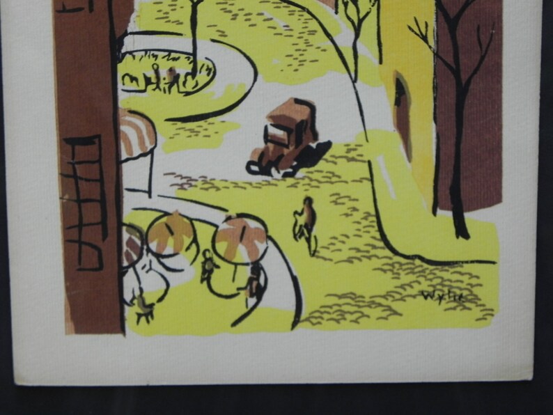 Mid-Century Lithograph by Wylie Newly Framed-Street Scene with Café, Bicycle & Truck, Brown and Yellow image 3