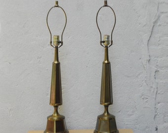 Pair Cast Brass Elegant Modern Obelisk Table Lamps, Late 1970s