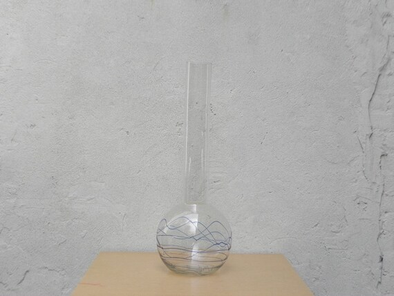 Very Tall Clear Glass Vase Long Neck Blue Swirl Etsy
