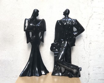 1980's Neo Deco Black Ceramic Man & Woman Table Sculptures