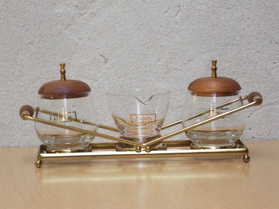 Mid Century Modern Glass and Wood Coffee Creamer Set Etsy