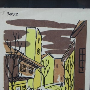 Mid-Century Lithograph by Wylie Newly Framed-Street Scene with Café, Bicycle & Truck, Brown and Yellow image 2