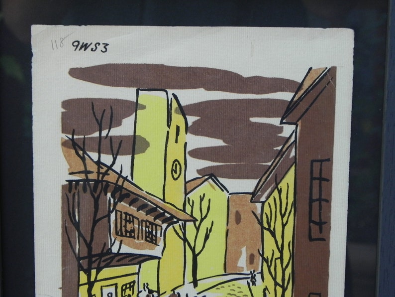 Mid-Century Lithograph by Wylie Newly Framed-Street Scene with Café, Bicycle & Truck, Brown and Yellow image 2