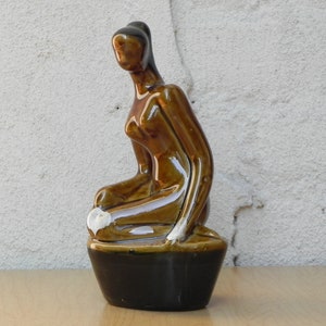 Small Vintage Ceramic Glazed Brown Female Nude Table Sculpture image 2