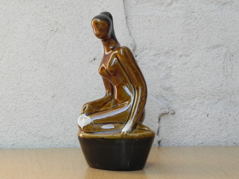 Small Vintage Ceramic Glazed Brown Female Nude Table Sculpture image 2