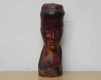 Carved Wood Female Bust Sculpture with Live Edge, Artisan Made, 1962