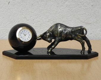 Brass Bull Pushing Black Marble Ball Desk Clock Sculpture