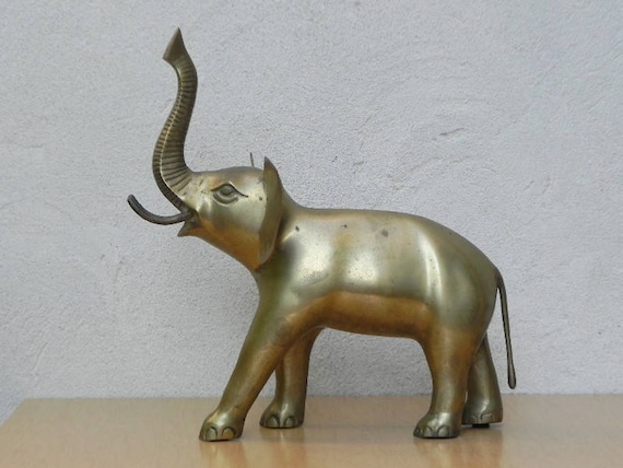 Vintage Elephant Trunk Up Gold Brass Statue Sculpture Figure Style Home Decor #1