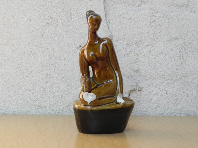 Small Vintage Ceramic Glazed Brown Female Nude Table Sculpture image 1