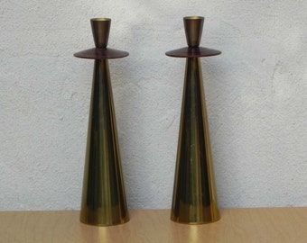 Tall Pair Italian Modern Brass Rosewood Cone Candlestick Holders