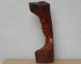 Carved Wood Bust Sculpture with Live Edge, Artisan Made, 1966